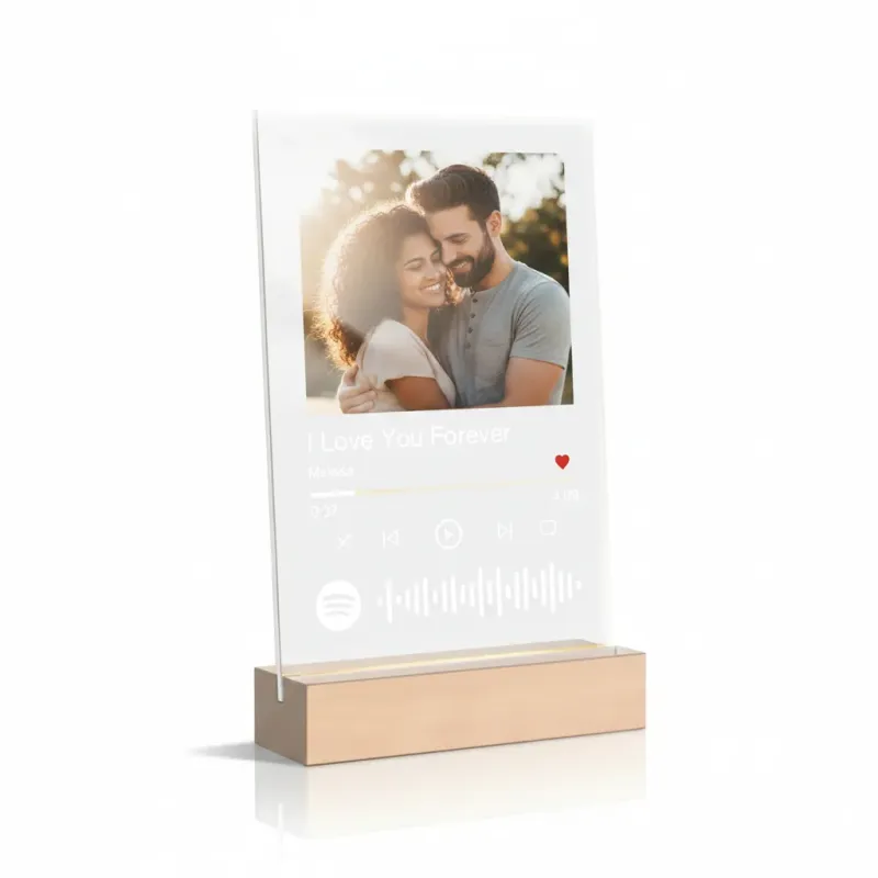 PLACA SPOTIFY PERSONALIZADA CON FOTO Y BASE DE MADERA - DISEÑO CON CÓDIGO ESCANEABLE DE CANCIÓN